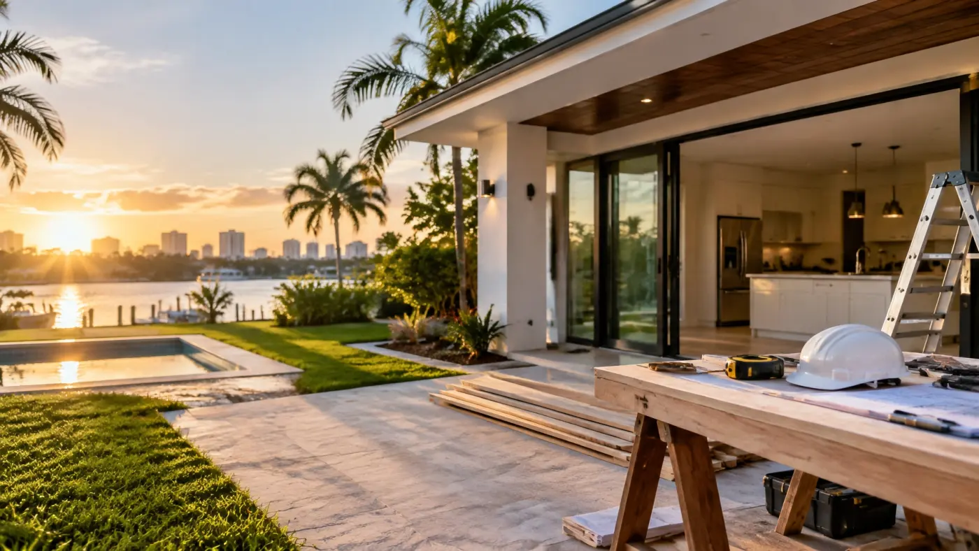 A bright South Florida home prepared for remodeling work at sunset